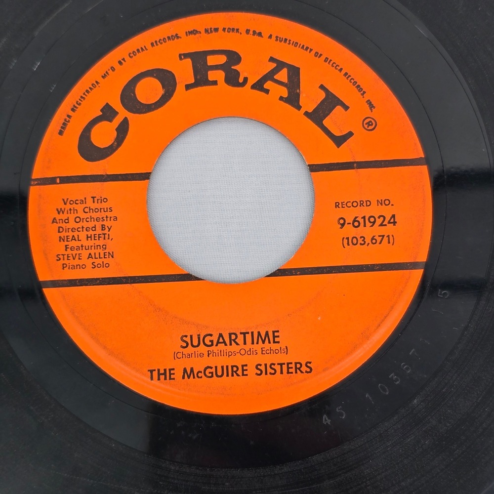 The McGuire Sisters Sugartime Banana Split 45 RPM Vinyl Record Coral  1957